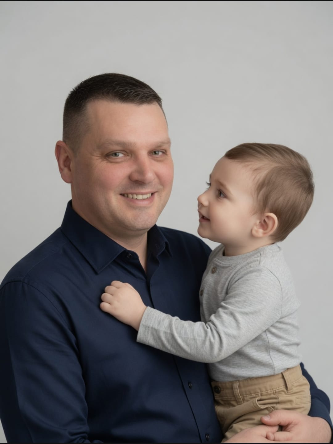 A father smiling while holding his young son, who is looking up at him